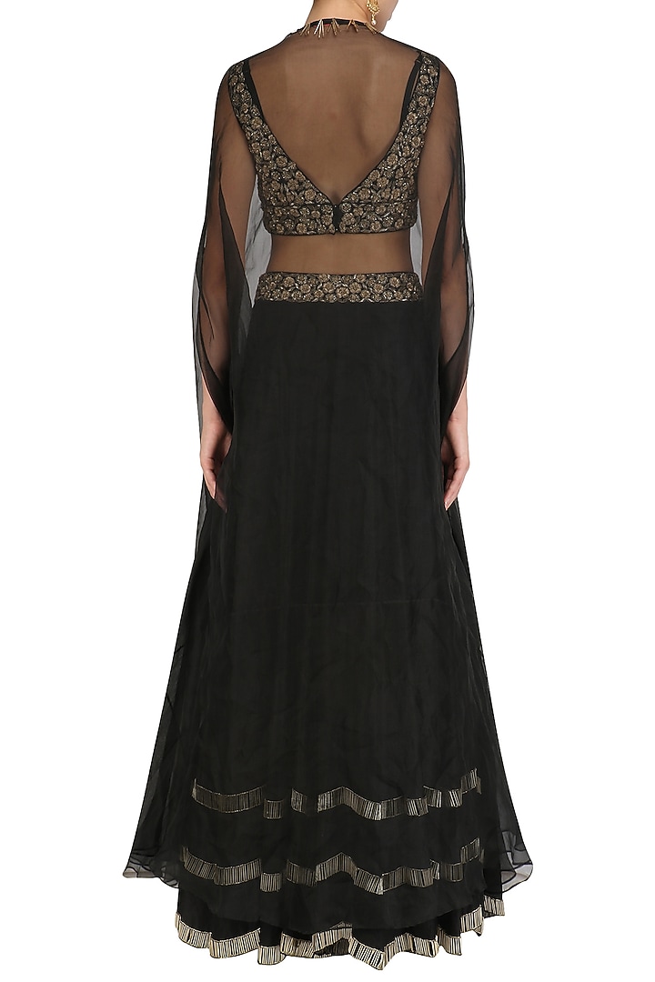Black tasseled blouse, lehenga skirt and cape set available only at Pernia's Pop Up Shop.