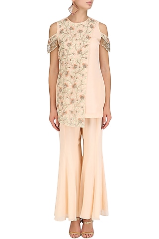 Peach Floral Embroidered Kurta and Sharara Pants Set by J by Jannat