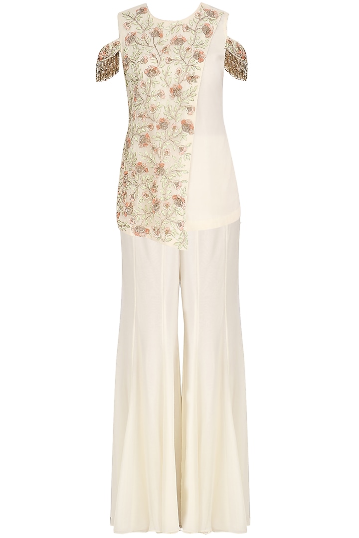 Ivory floral embroidered kurta and sharara pants set available only at Pernia's Pop Up Shop.