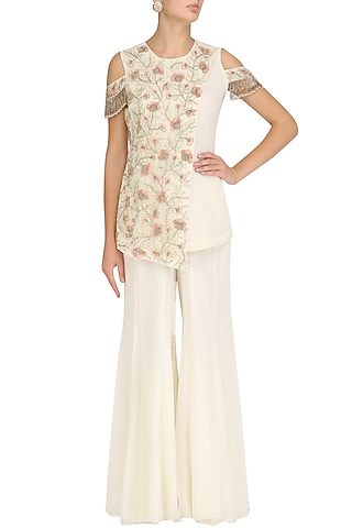Ivory Floral Embroidered Kurta and Sharara Pants Set by J by Jannat