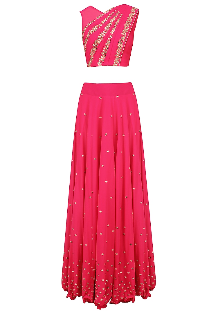 Reddish Pink Mirror Work Blouse with Attached Dupatta and Skirt by J by Jannat