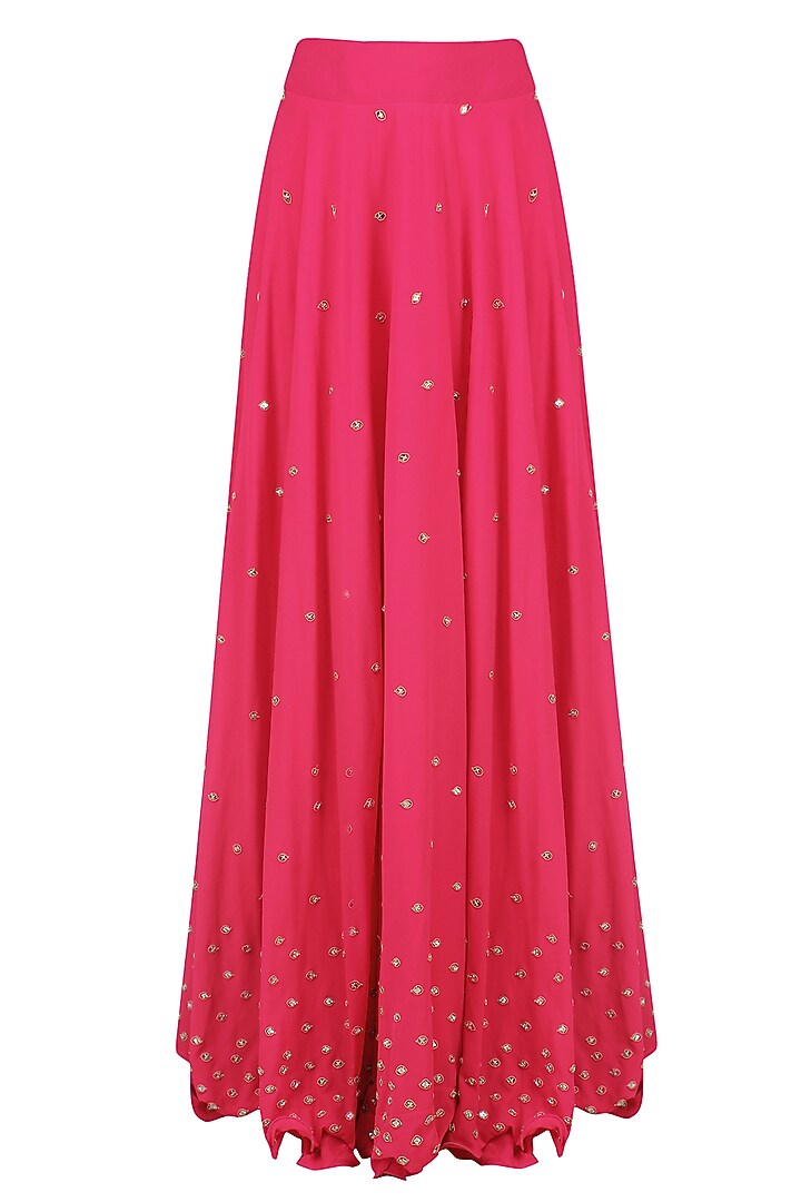 Reddish pink mirror work blouse with attached dupatta and skirt available only at Pernia's Pop Up Shop.