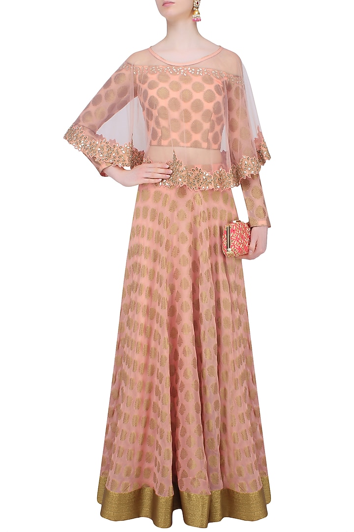 Peach banarsi boota applique lehenga set with mirror work cape available only at Pernia's Pop Up Shop.