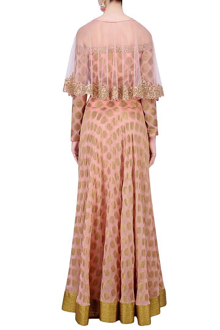 Peach banarsi boota applique lehenga set with mirror work cape available only at Pernia's Pop Up Shop.
