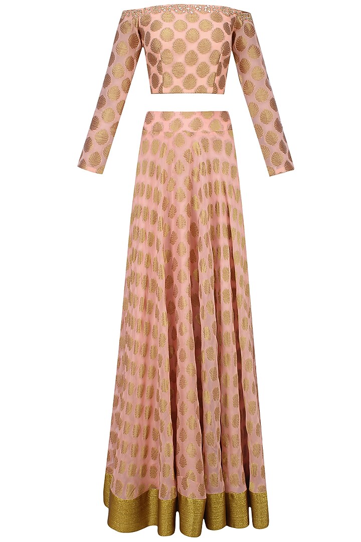Peach banarsi boota applique lehenga set with mirror work cape available only at Pernia's Pop Up Shop.