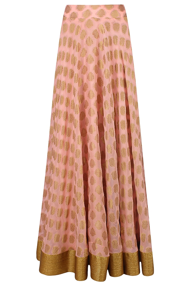 Peach banarsi boota applique lehenga set with mirror work cape available only at Pernia's Pop Up Shop.