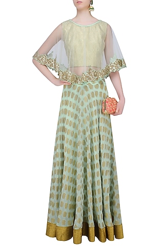 Mint Green Floral Applique Brocade Lehenga Set With Mirror Work Cape by J by Jannat