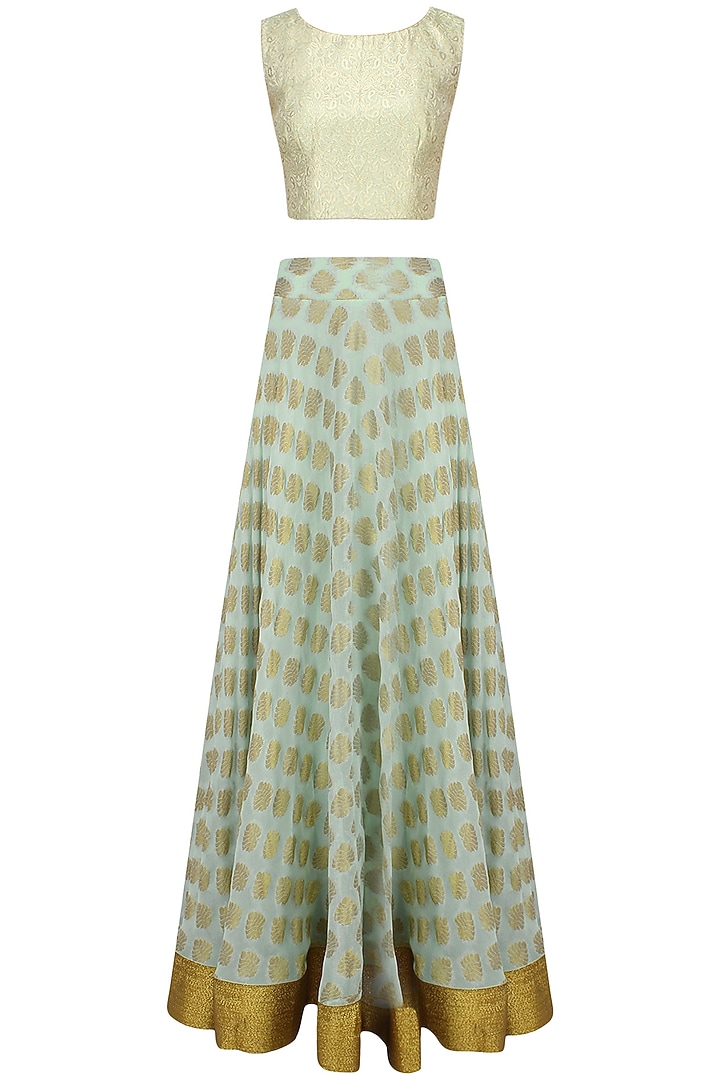 Mint green floral applique brocade lehenga set with mirror work cape available only at Pernia's Pop Up Shop.