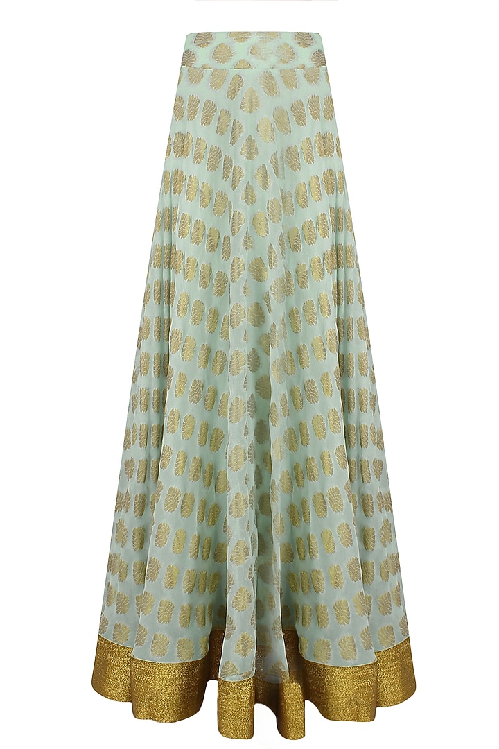 Mint green floral applique brocade lehenga set with mirror work cape available only at Pernia's Pop Up Shop.