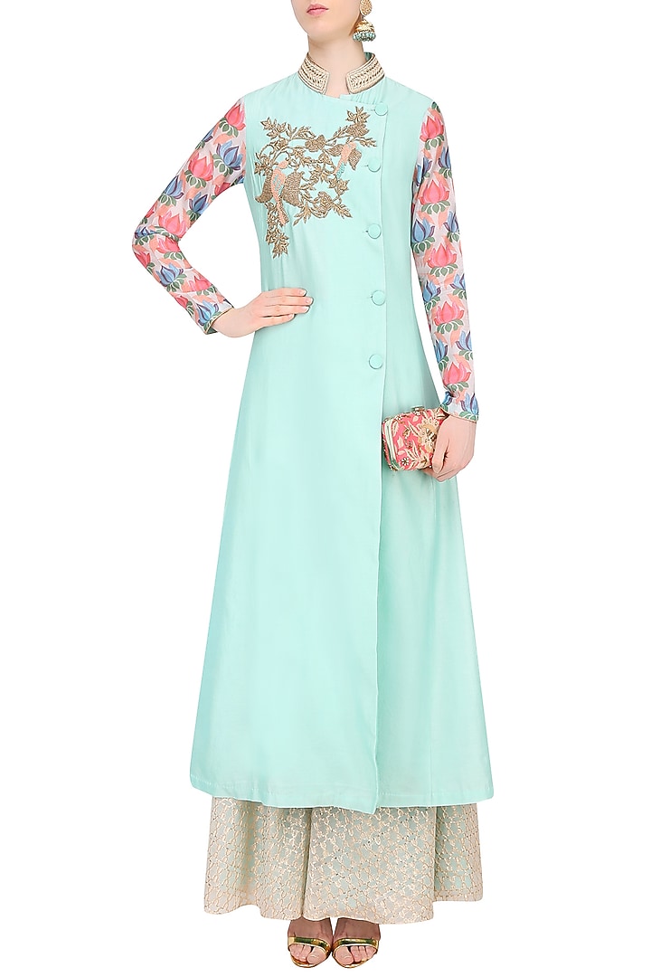 Aqua blue bird motif dabka embroidered kurta with divided skirt available only at Pernia's Pop Up Shop.