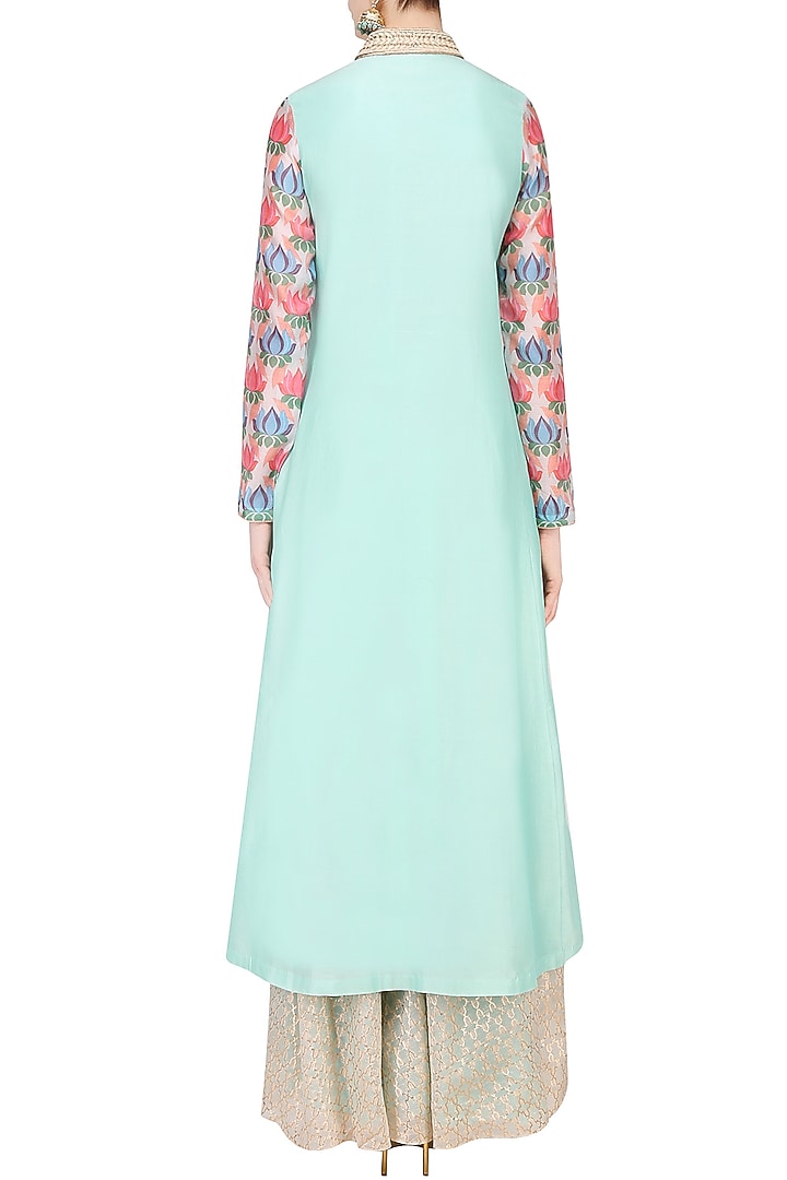 Aqua blue bird motif dabka embroidered kurta with divided skirt available only at Pernia's Pop Up Shop.