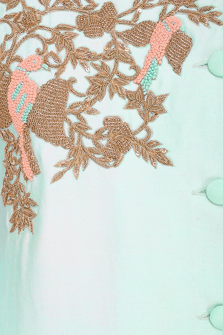 Aqua blue bird motif dabka embroidered kurta with divided skirt available only at Pernia's Pop Up Shop.