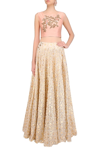 Peach Bird Motif Embroidered Crop Top with Skirt by J by Jannat
