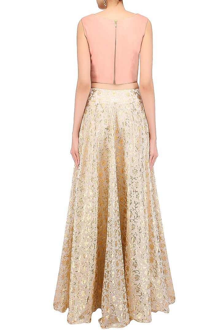 Peach bird motif embroidered crop top with skirt available only at Pernia's Pop Up Shop.