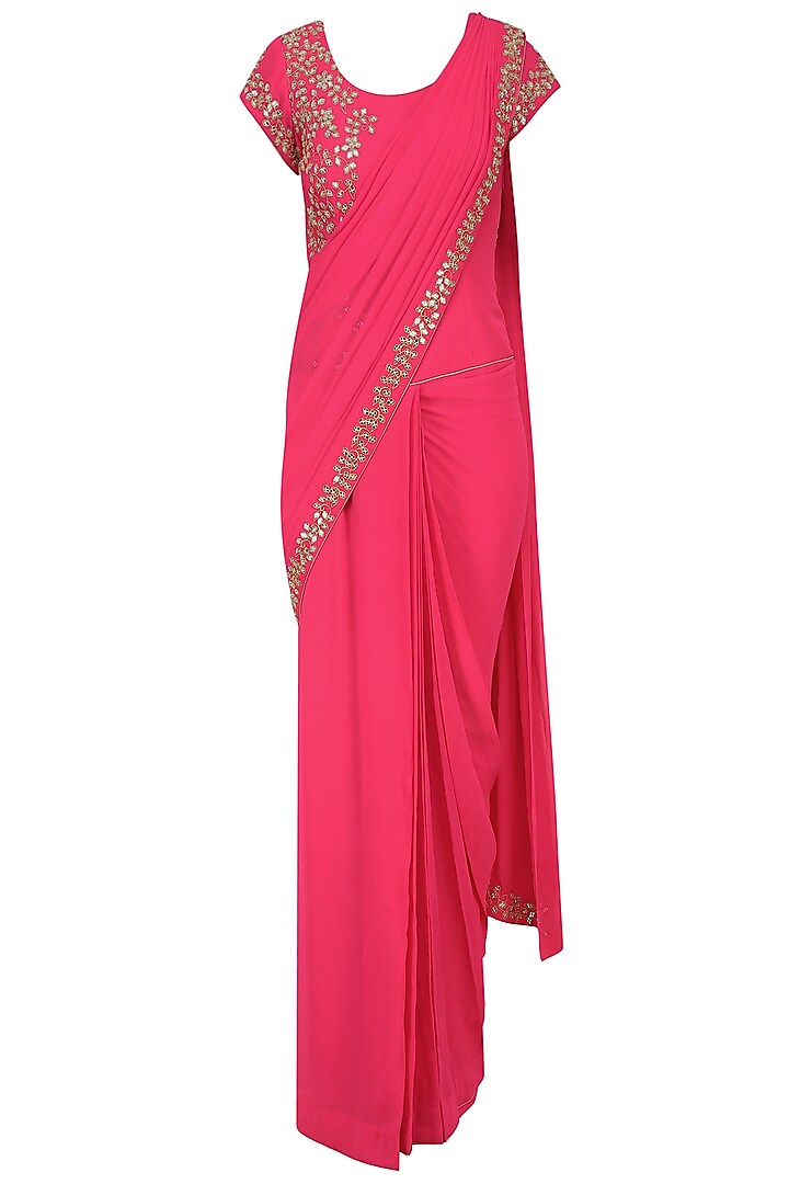 Reddish Pink Mirror Work Saree with Matching Blouse by J by Jannat