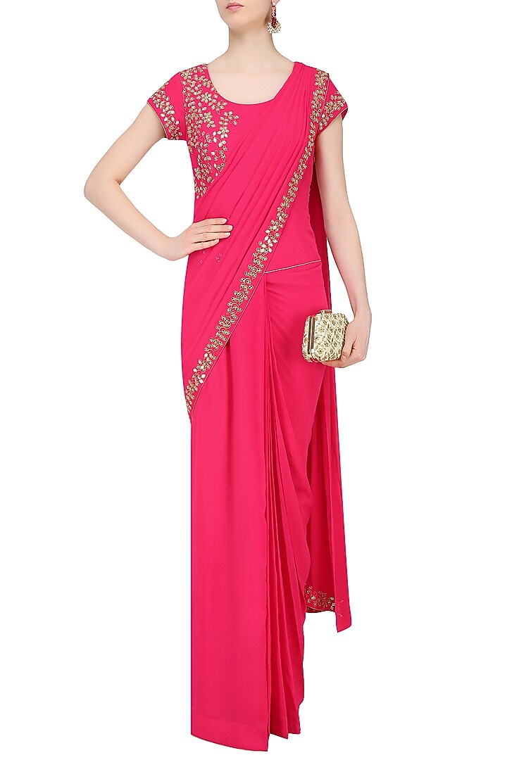Reddish pink mirror work saree with matching blouse available only at Pernia's Pop Up Shop.