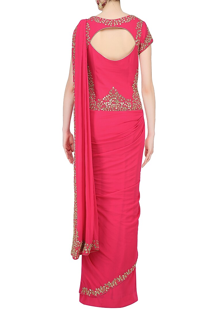 Reddish pink mirror work saree with matching blouse available only at Pernia's Pop Up Shop.