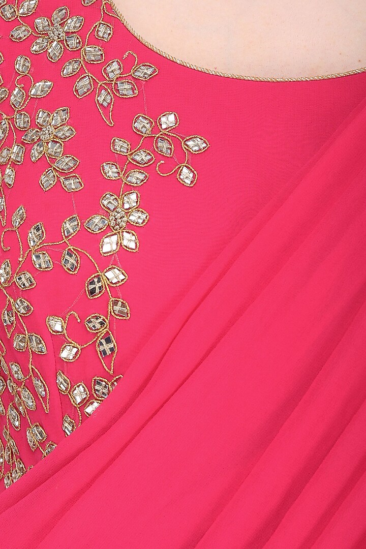 Reddish pink mirror work saree with matching blouse available only at Pernia's Pop Up Shop.