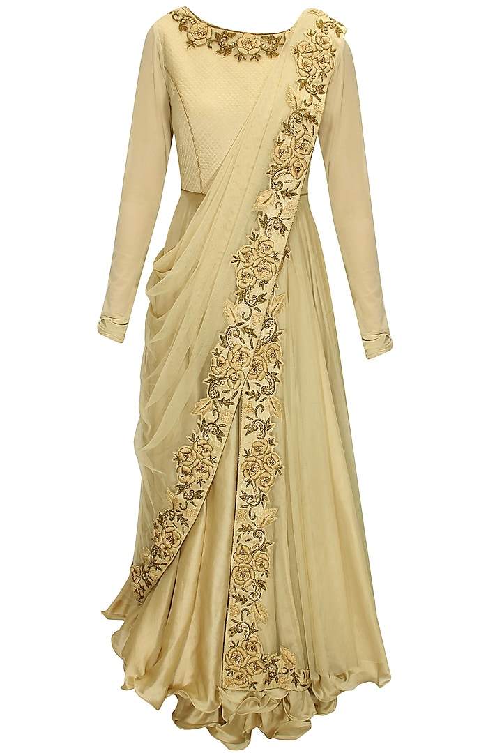Beige dabka and thread embroidered draped anarkali set by J by Jannat