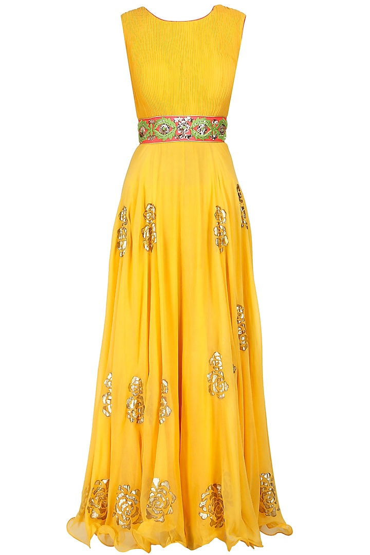 Yellow and pink embroidered anarkali set by J by Jannat