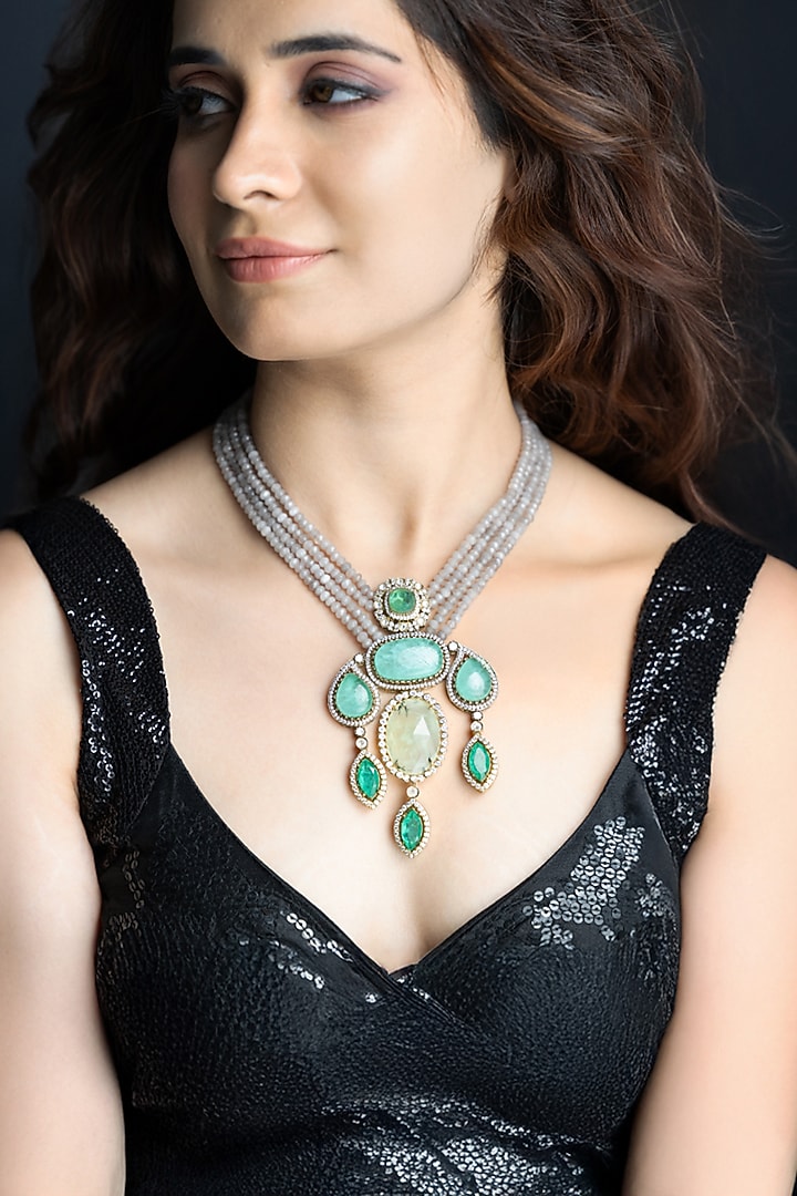 Gold Finish Green Stone Necklace by Joules By Radhika at Pernia's Pop Up Shop