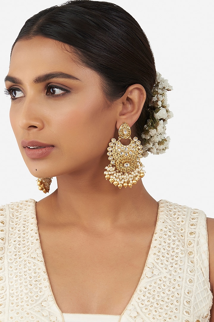 Gold Finish Shell Pearl Chandabali Earrings by Joules By Radhika at Pernia's Pop Up Shop