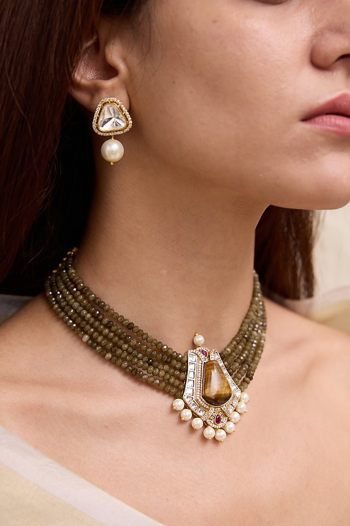 Gold Finish Green Beaded & Kundan Polki Layered Necklace Set by Joules By Radhika at Pernia's Pop Up Shop