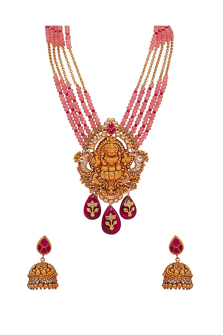 Gold Finish Red Jade Temple Necklace Set by Joules By Radhika