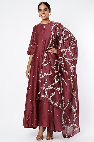 Reddish Wine Hand Embroidered Anarkali Set by July