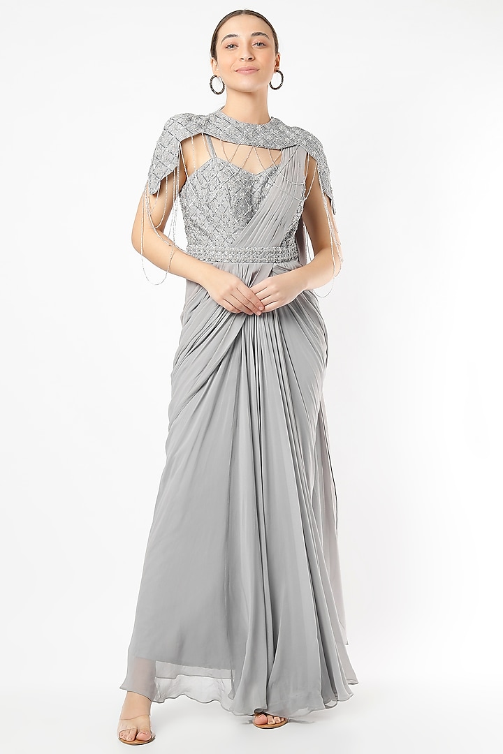 Grey Silk Georgette Embroidered Draped Wedding Saree Set by Jade by Ashima at Pernia's Pop Up Shop