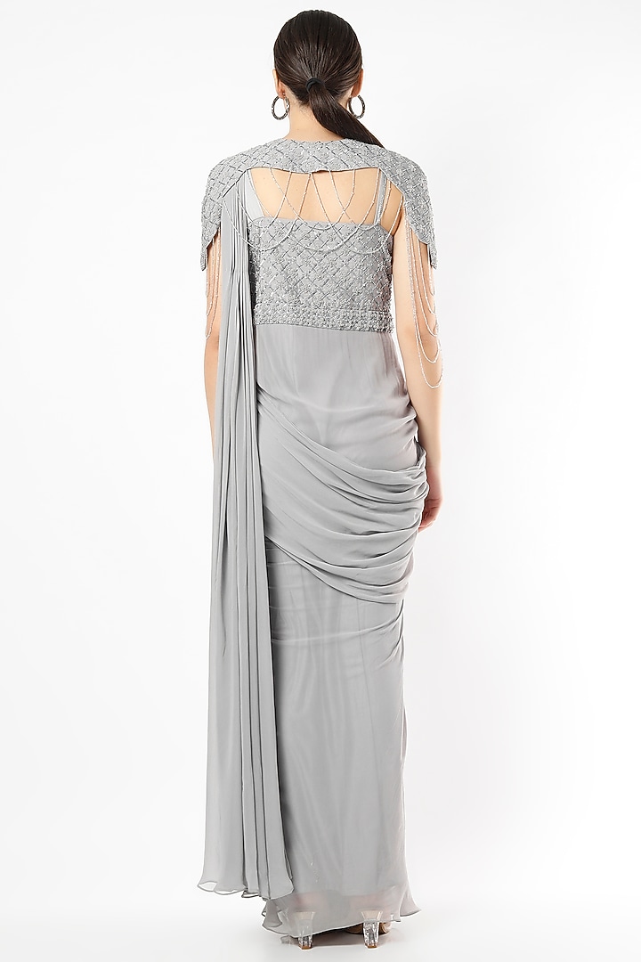 Grey Silk Georgette Embroidered Draped Wedding Saree Set by Jade by Ashima at Pernia's Pop Up Shop