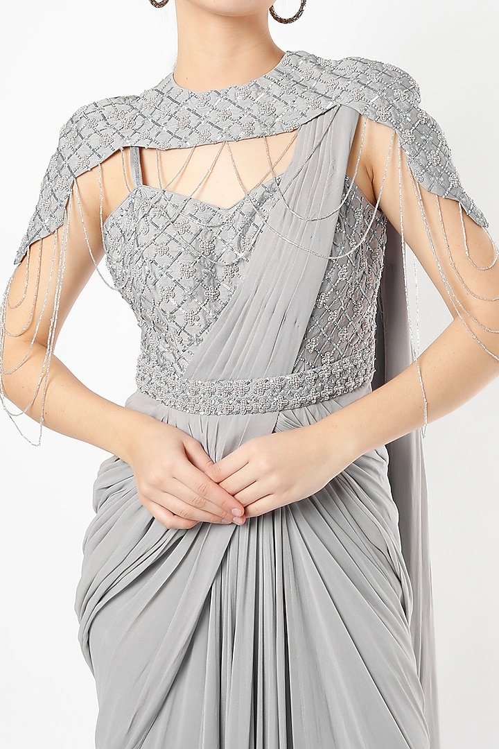 Grey Silk Georgette Embroidered Draped Wedding Saree Set by Jade by Ashima at Pernia's Pop Up Shop