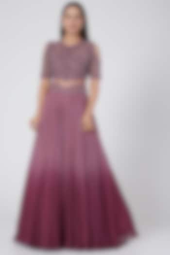 Mauve Silk Georgette Embroidered Cold-Shoulder Gown by Jade by Ashima