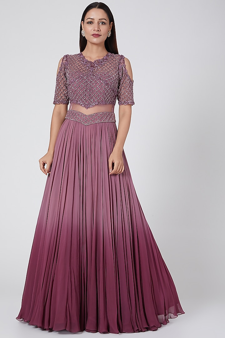 Mauve Silk Georgette Embroidered Cold-Shoulder Gown by Jade by Ashima