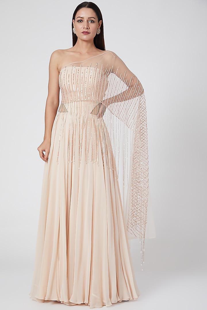 Peach Silk Georgette Embroidered One-Shoulder Gown by Jade by Ashima