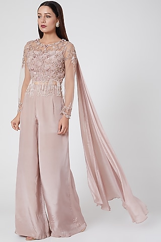 Onion Pink Crepe Embroidered Pants Set by Jade by Ashima