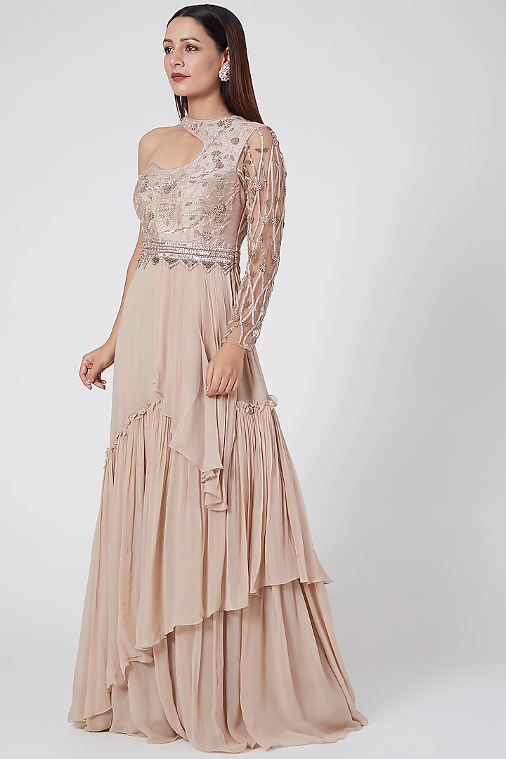 Pastel Peach Silk Georgette Embroidered Gown by Jade by Ashima
