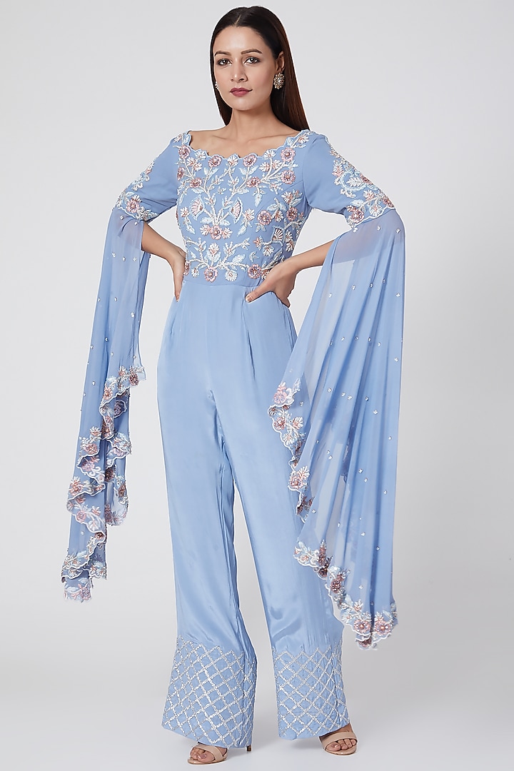 Blue Embroidered Jumpsuit by Jade by Ashima