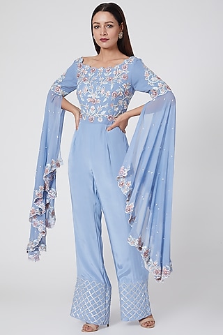 Blue Embroidered Jumpsuit by Jade by Ashima