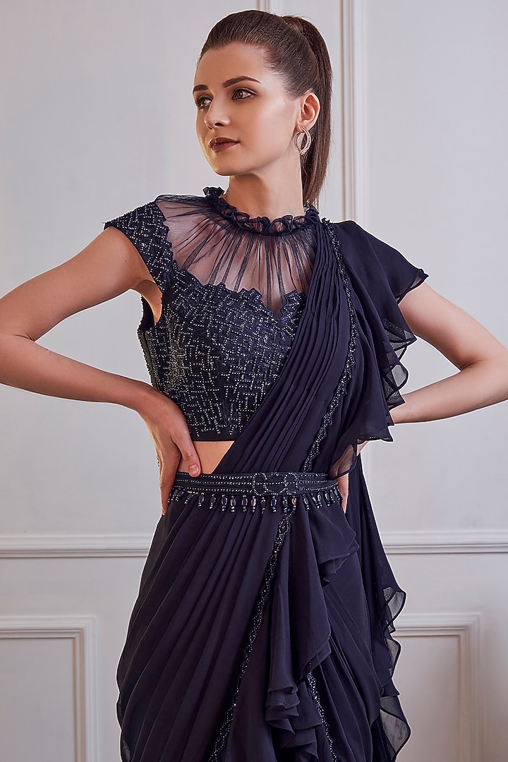 Midnight Blue Hand Embroidered Draped Wedding Saree Set by Jade by Ashima at Pernia's Pop Up Shop