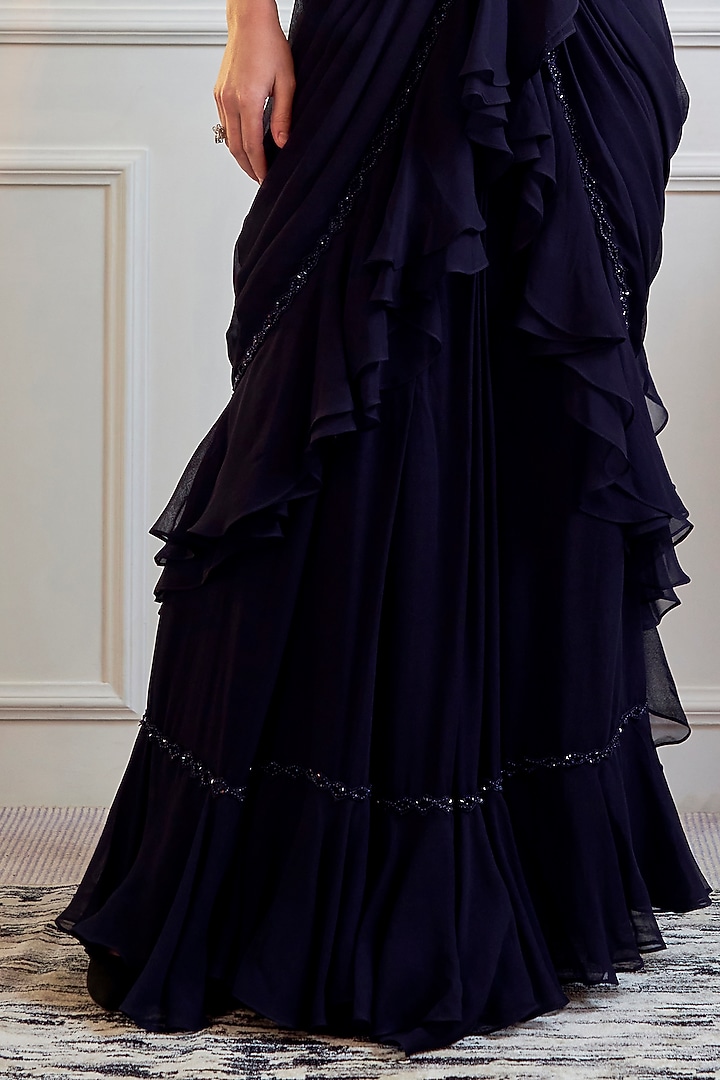 Midnight Blue Hand Embroidered Draped Wedding Saree Set by Jade by Ashima at Pernia's Pop Up Shop