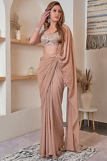 Nude Georgette Draped Saree Set by Jade by Ashima at Pernia's Pop Up
