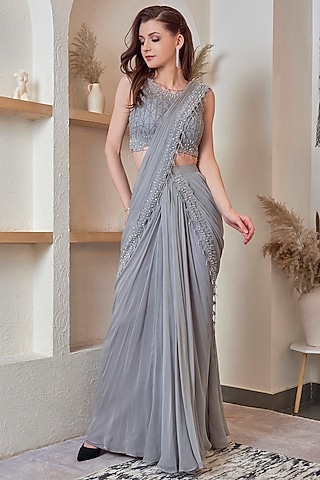 Grey Georgette Saree Set by Jade by Ashima