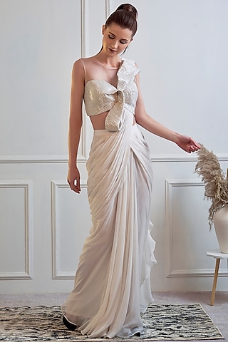 Ivory Hand Embroidered Gown Saree by Jade by Ashima