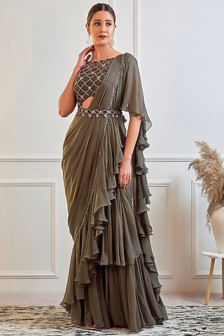 Dark Olive Georgette Ruffled Saree Set by Jade by Ashima