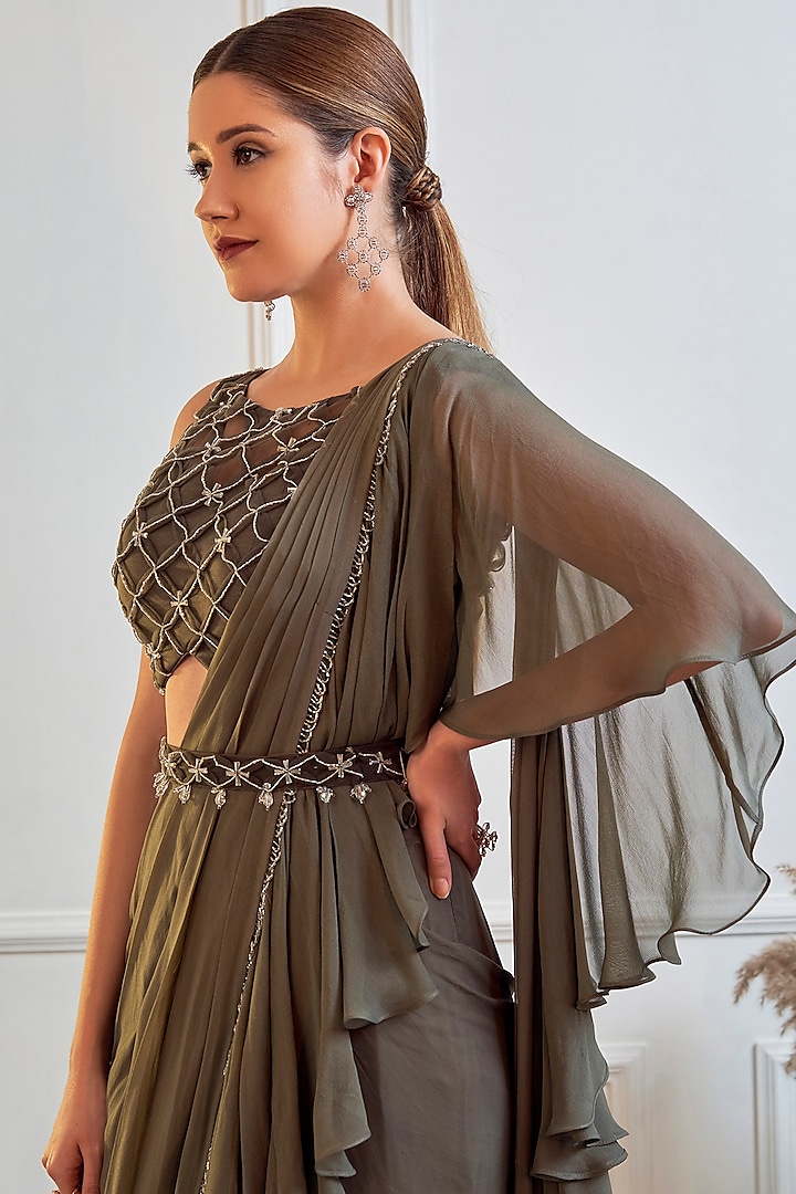 Dark Olive Georgette Ruffled Wedding Saree Set by Jade by Ashima at Pernia's Pop Up Shop