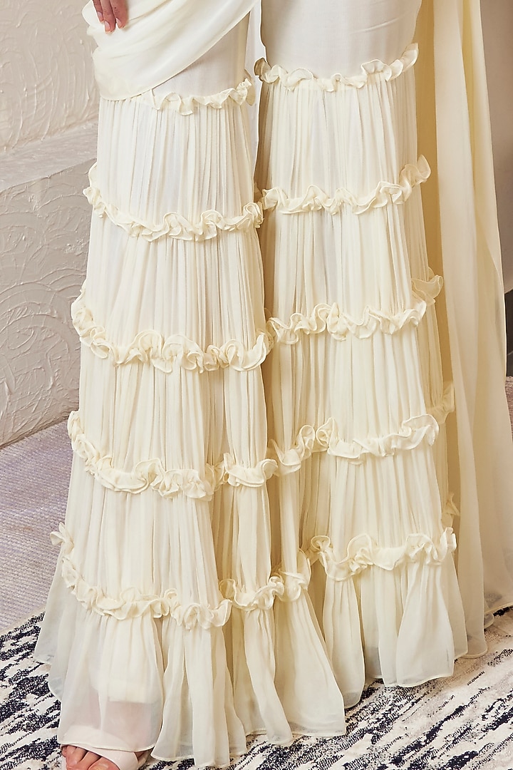 Off-White Georgette Frilled Gharara Wedding Saree Set by Jade by Ashima at Pernia's Pop Up Shop