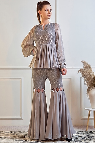 Grey Hand Embroidered Gharara Set by Jade by Ashima