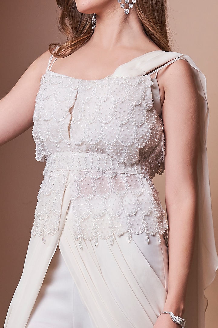 Off-White Georgette Beads Hand Embroidered Pant Wedding Saree Set  by Jade by Ashima at Pernia's Pop Up Shop