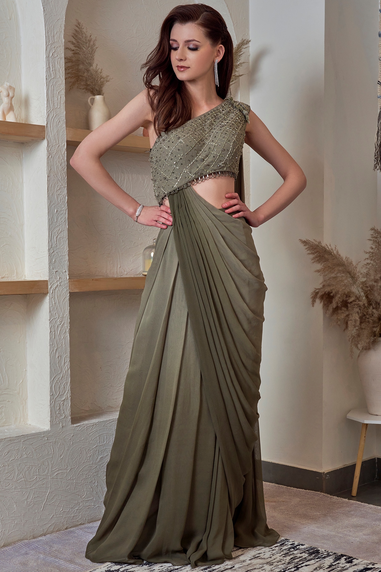 Sage Green Ready to Wear One Minute Lycra Saree - Clothsvill